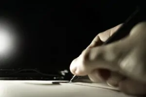 Dłoń z długopisem składa podpis na umowie, a nie ma uprawnień do tego, sfałszowany podpis