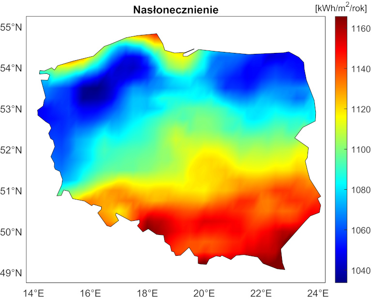 Przestrzenna zmienność nasłonecznienia w Polsce. Na podstawie reanalizy ERA-5 (nasłonecznienie na płaszczyznę horyzontalną) za rok 2021.