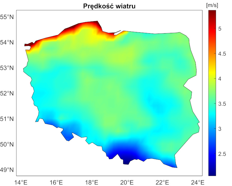 Przestrzenna zmienność średniej prędkości wiatru w Polsce. Na podstawie reanalizy ERA-5 (na wysokości 10 metrów nad poziomem gruntu) za rok 2021. 