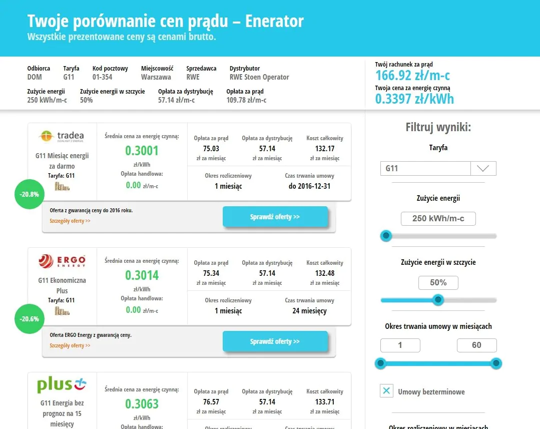 porównywarka cen prądu enerad.pl - wyniki porównania cen prądu 
