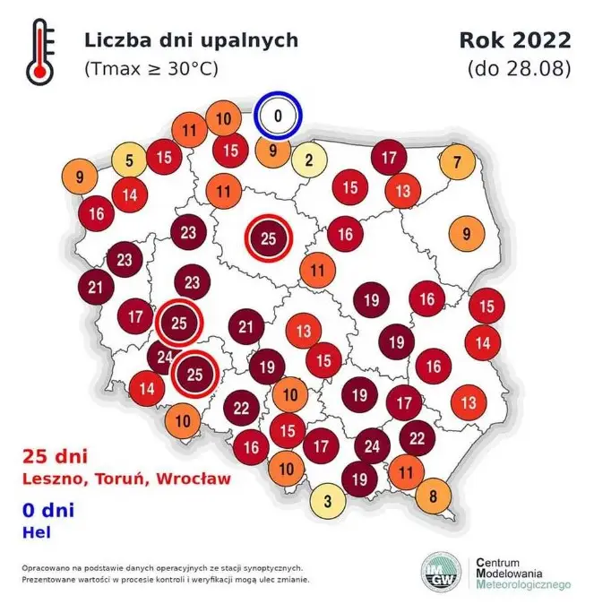 Liczba dni upalnych w Polsce w 2022 roku