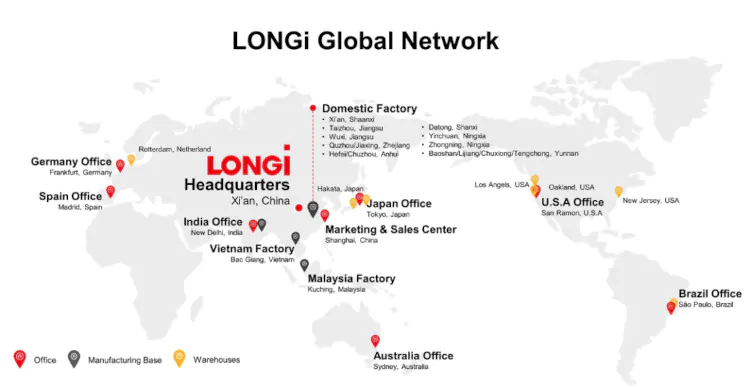 LONGi Solar - mapa sieci dystrybucyjnej.