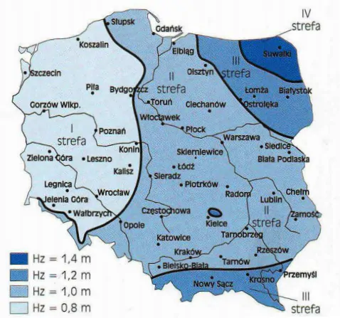 Mapa Polski z podziałem na cztery strefy 