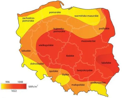 nasłonecznienie w Polsce mapa