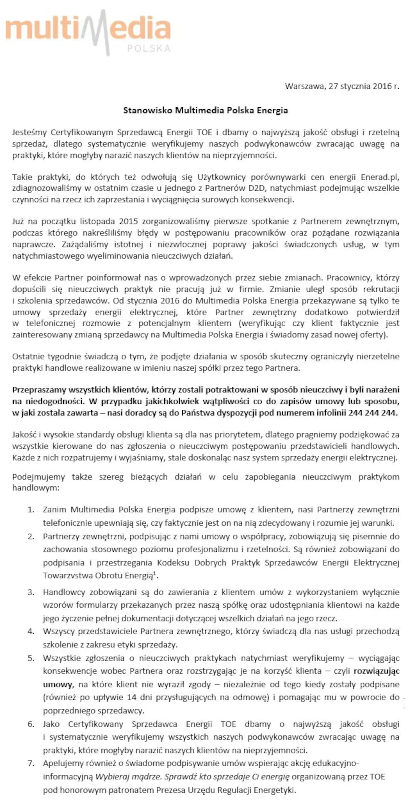 Odpowiedź Multimedia Energia na wiadomość od enerad.pl